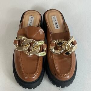 Steve Madden Loafer Women's Size 7.5 M MIRI Brown Glossy Slide Chunky Gold Chain
